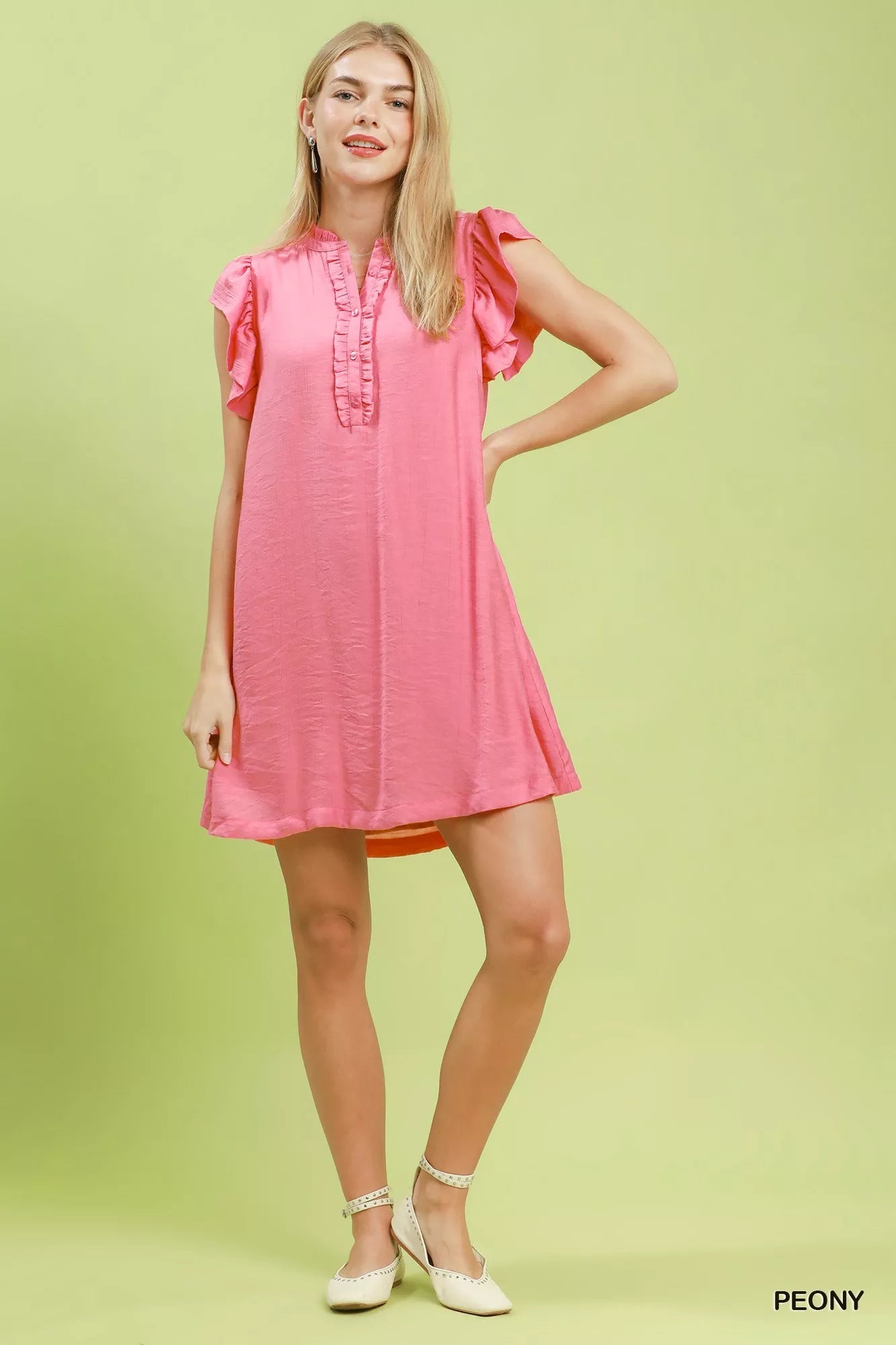 Umgee Ruffle Sleeve Henley Shift Dress - Desert Sunday