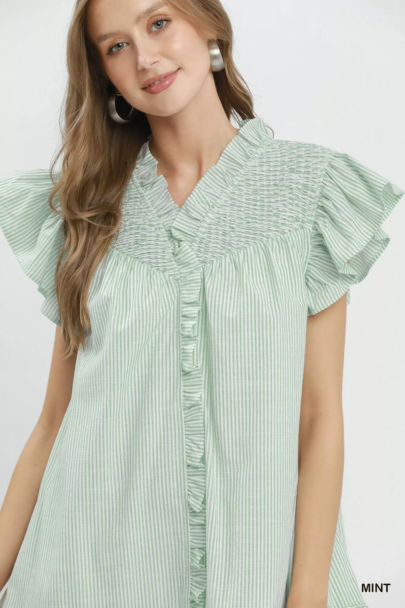 Umgee Stripe Smocked Yoke Ruffle Dress - Desert Sunday