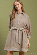 Umgee Striped Contrast Belted Puff Sleeve Mini Dress - Desert Sunday