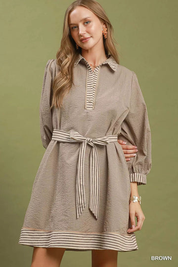 Umgee Striped Contrast Belted Puff Sleeve Mini Dress - Desert Sunday