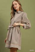 Umgee Striped Contrast Belted Puff Sleeve Mini Dress - Desert Sunday