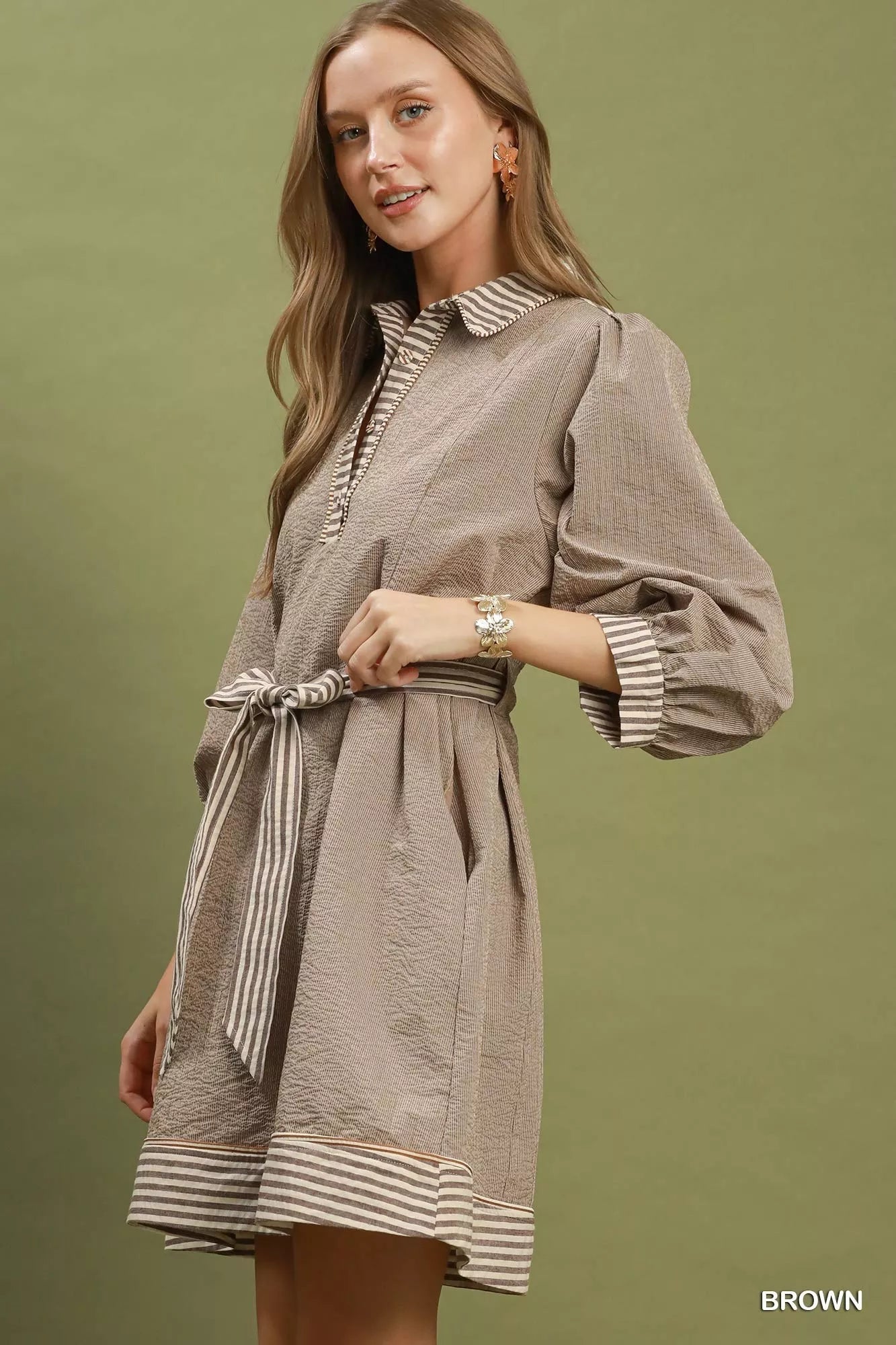 Umgee Striped Contrast Belted Puff Sleeve Mini Dress - Desert Sunday