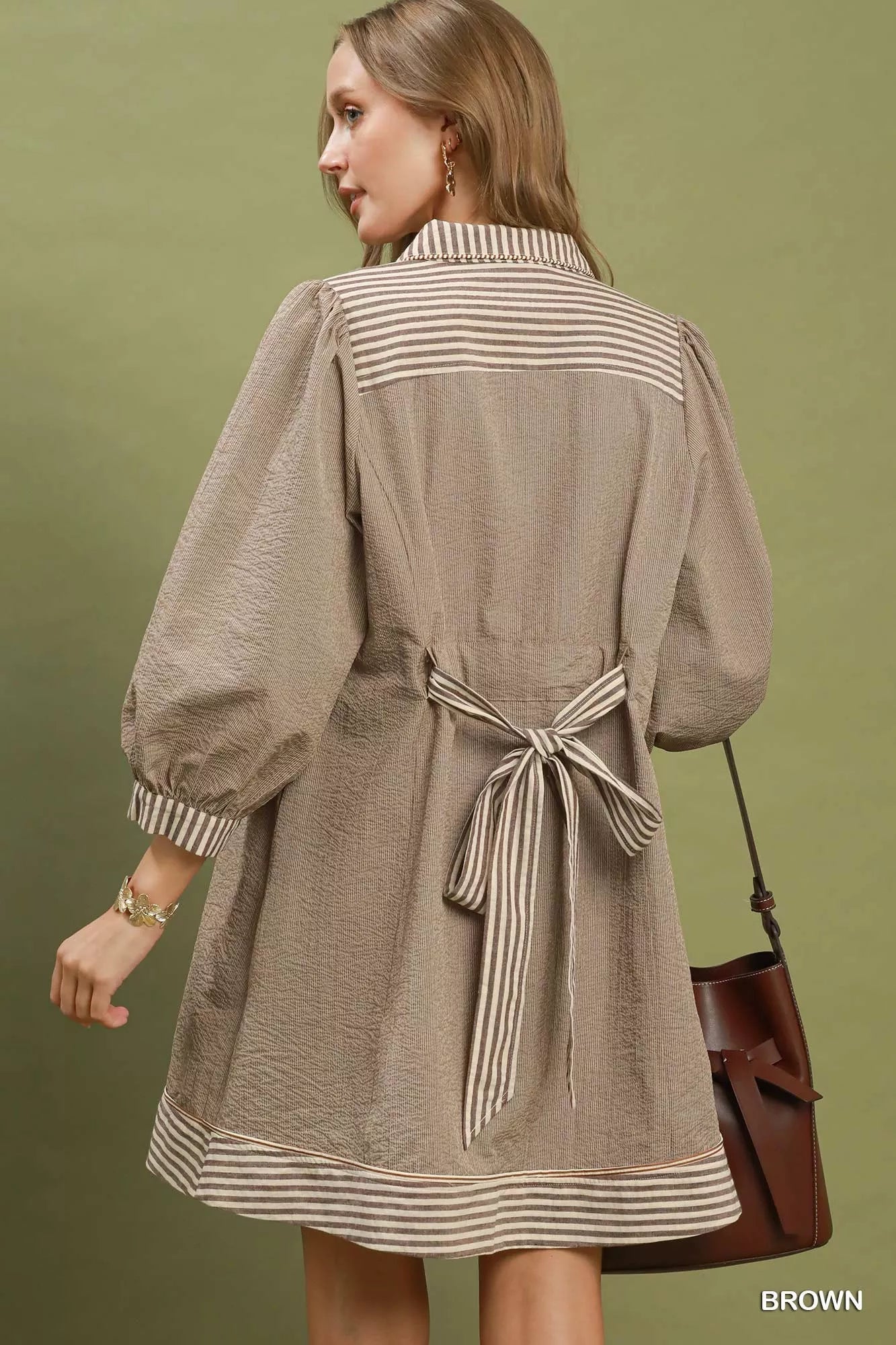 Umgee Striped Contrast Belted Puff Sleeve Mini Dress - Desert Sunday