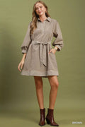 Umgee Striped Contrast Belted Puff Sleeve Mini Dress - Desert Sunday