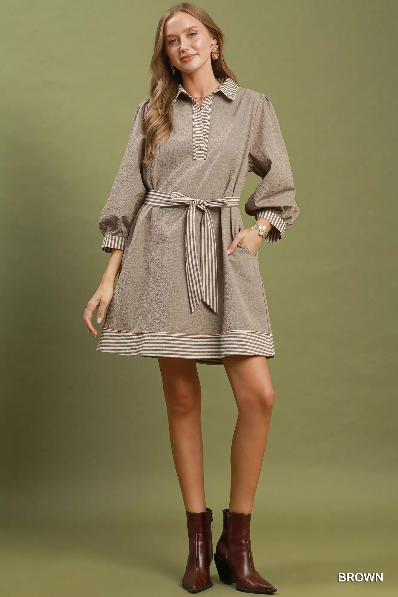 Umgee Striped Contrast Belted Puff Sleeve Mini Dress - Desert Sunday