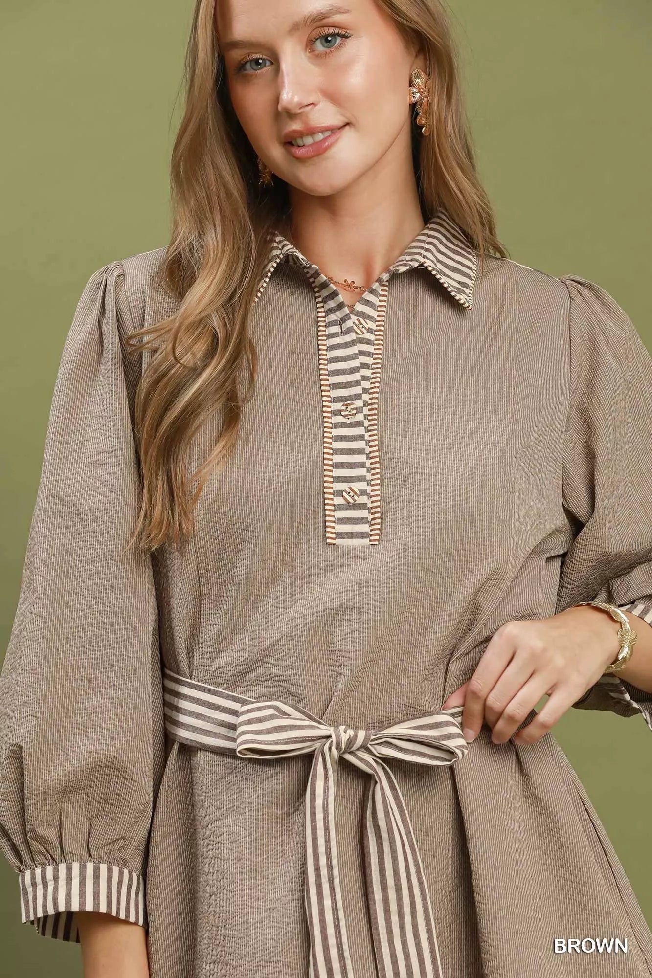 Umgee Striped Contrast Belted Puff Sleeve Mini Dress - Desert Sunday