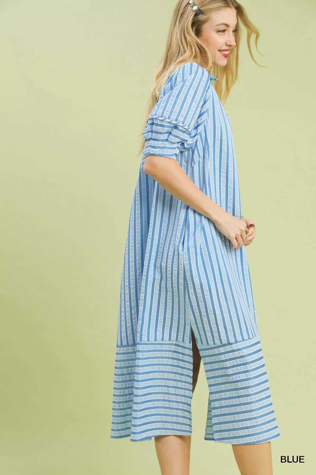 Umgee Striped Puff Sleeve Midi Dress - Desert Sunday