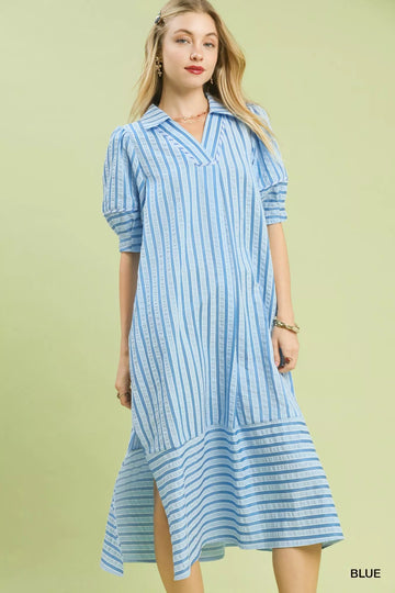Umgee Striped Puff Sleeve Midi Dress - Desert Sunday