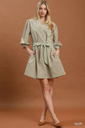 Umgee Textured Contrast Trim Tie Waist Mini Dress - Desert Sunday