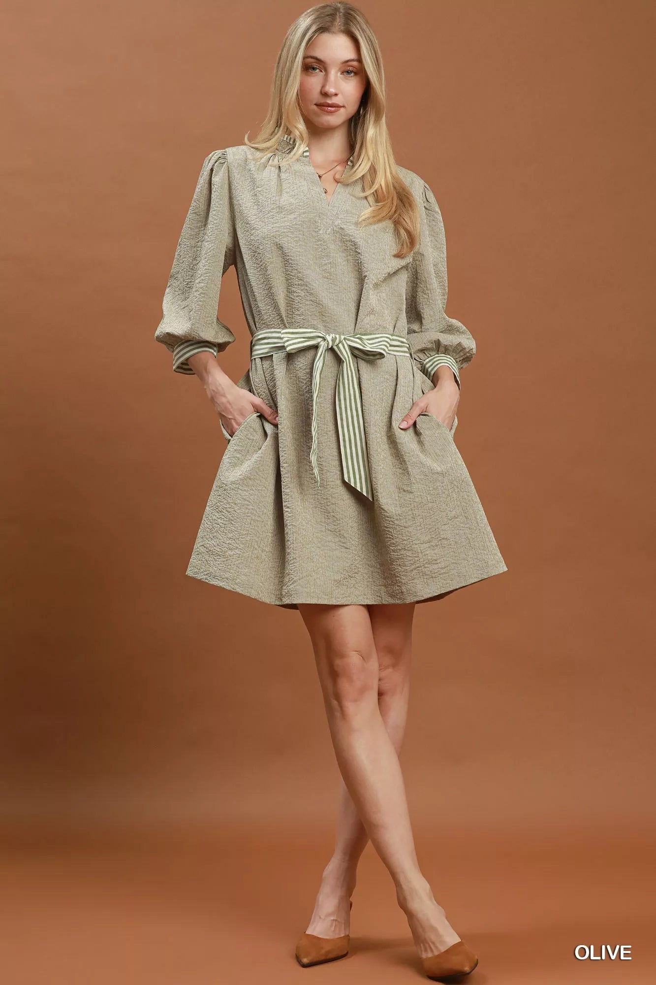 Umgee Textured Contrast Trim Tie Waist Mini Dress - Desert Sunday