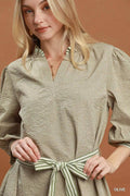 Umgee Textured Contrast Trim Tie Waist Mini Dress - Desert Sunday