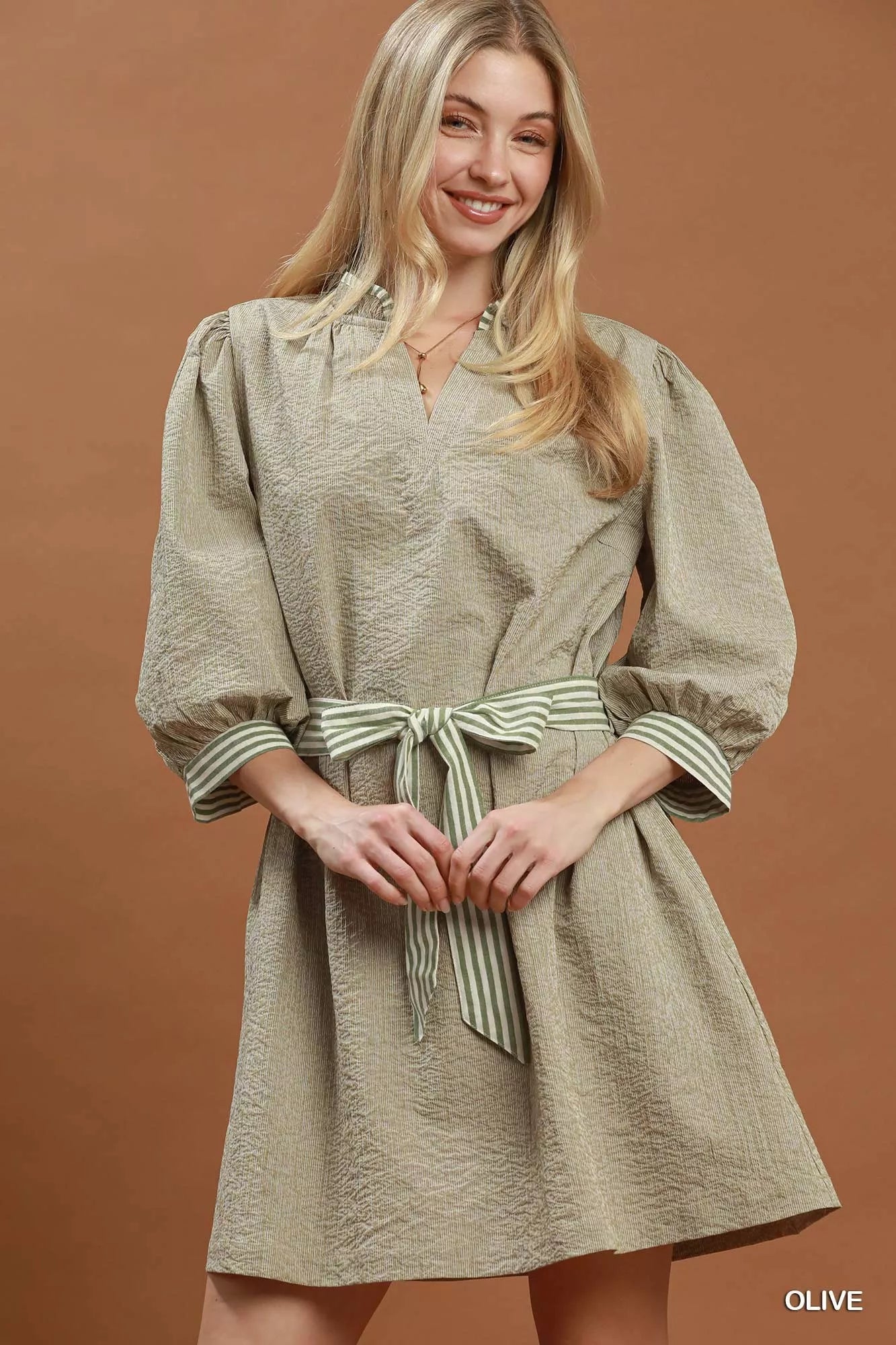 Umgee Textured Contrast Trim Tie Waist Mini Dress - Desert Sunday