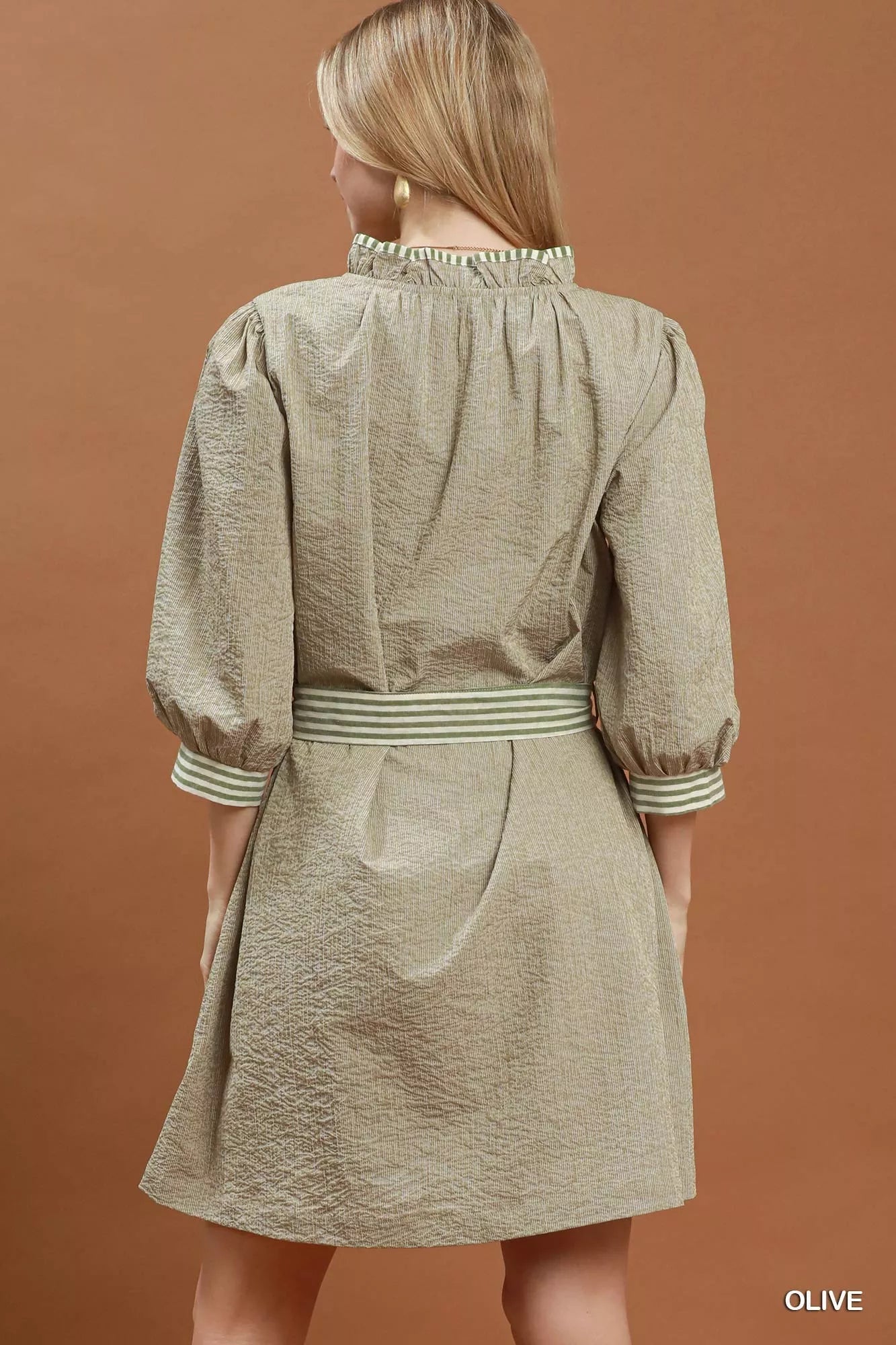 Umgee Textured Contrast Trim Tie Waist Mini Dress - Desert Sunday