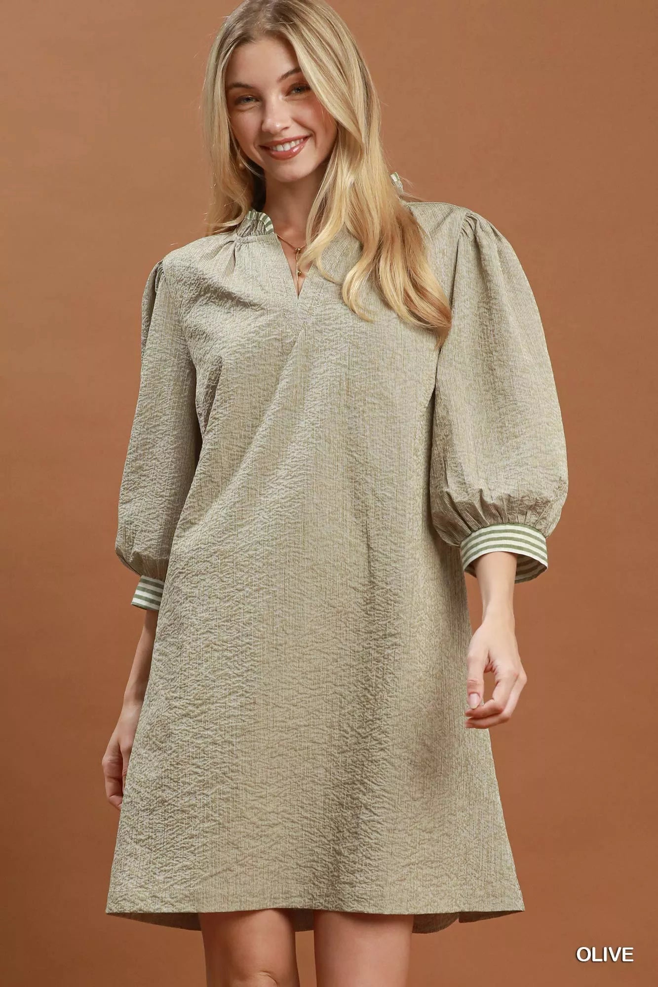Umgee Textured Contrast Trim Tie Waist Mini Dress - Desert Sunday