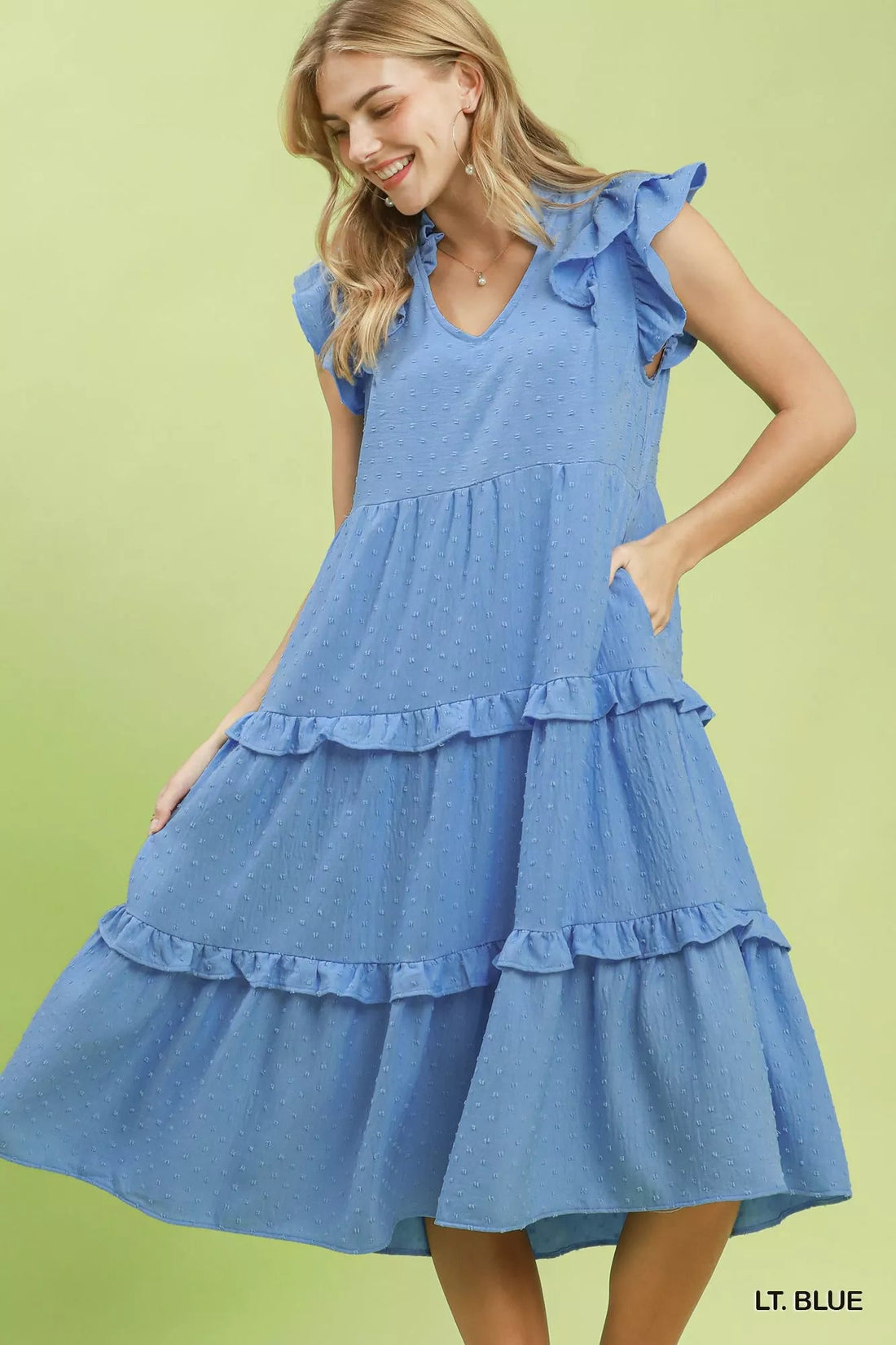Umgee Textured Ruffle Sleeve Tiered Midi Dress - Desert Sunday