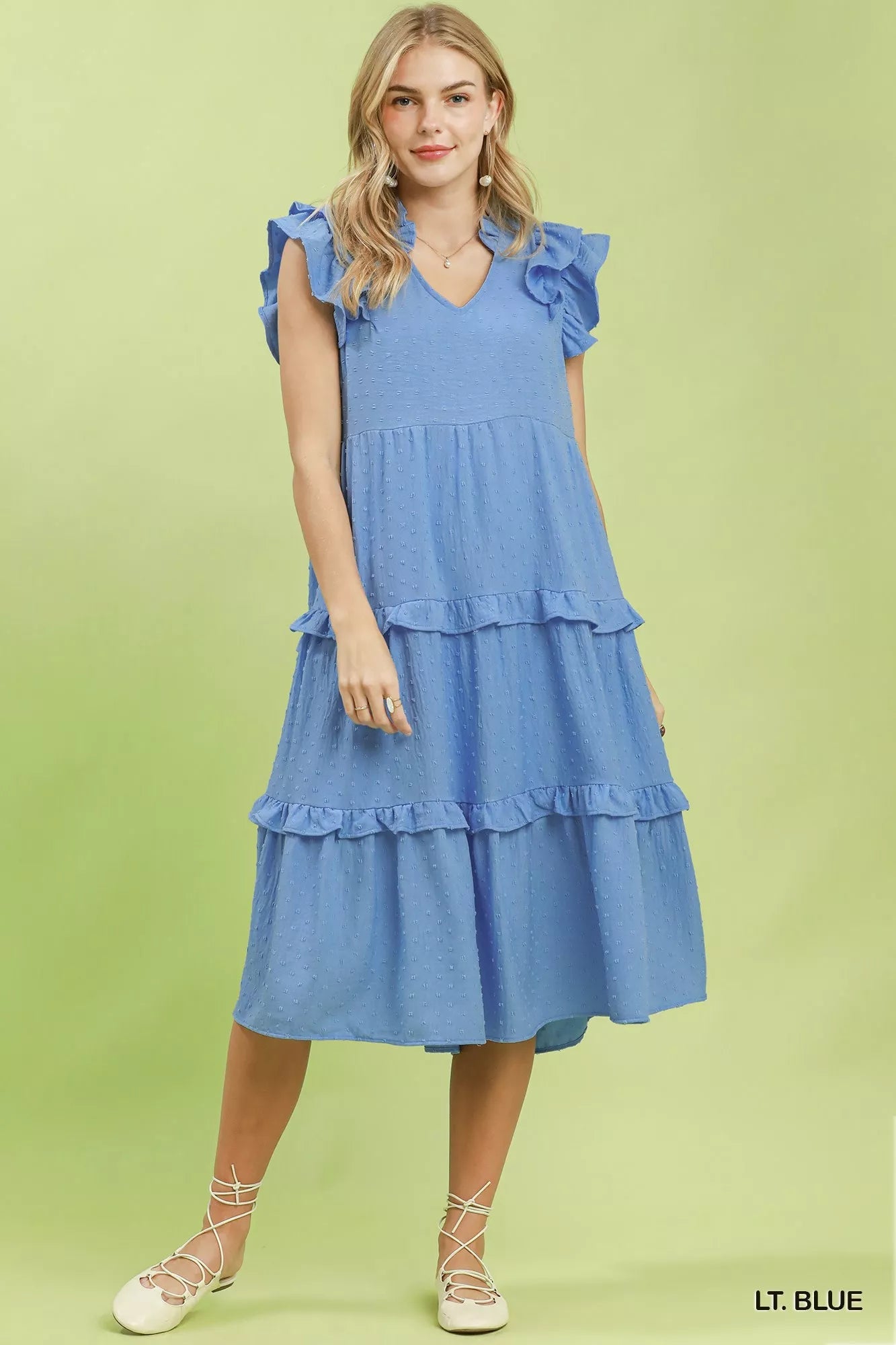 Umgee Textured Ruffle Sleeve Tiered Midi Dress - Desert Sunday