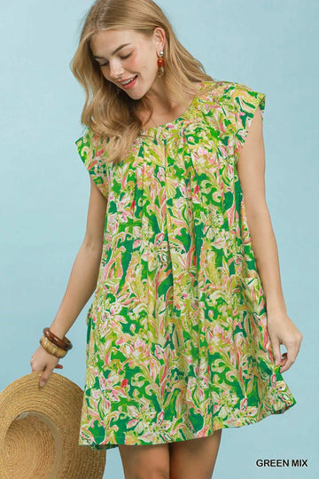 Umgee Tropical Floral Flutter Sleeve Swing Dress - Desert Sunday