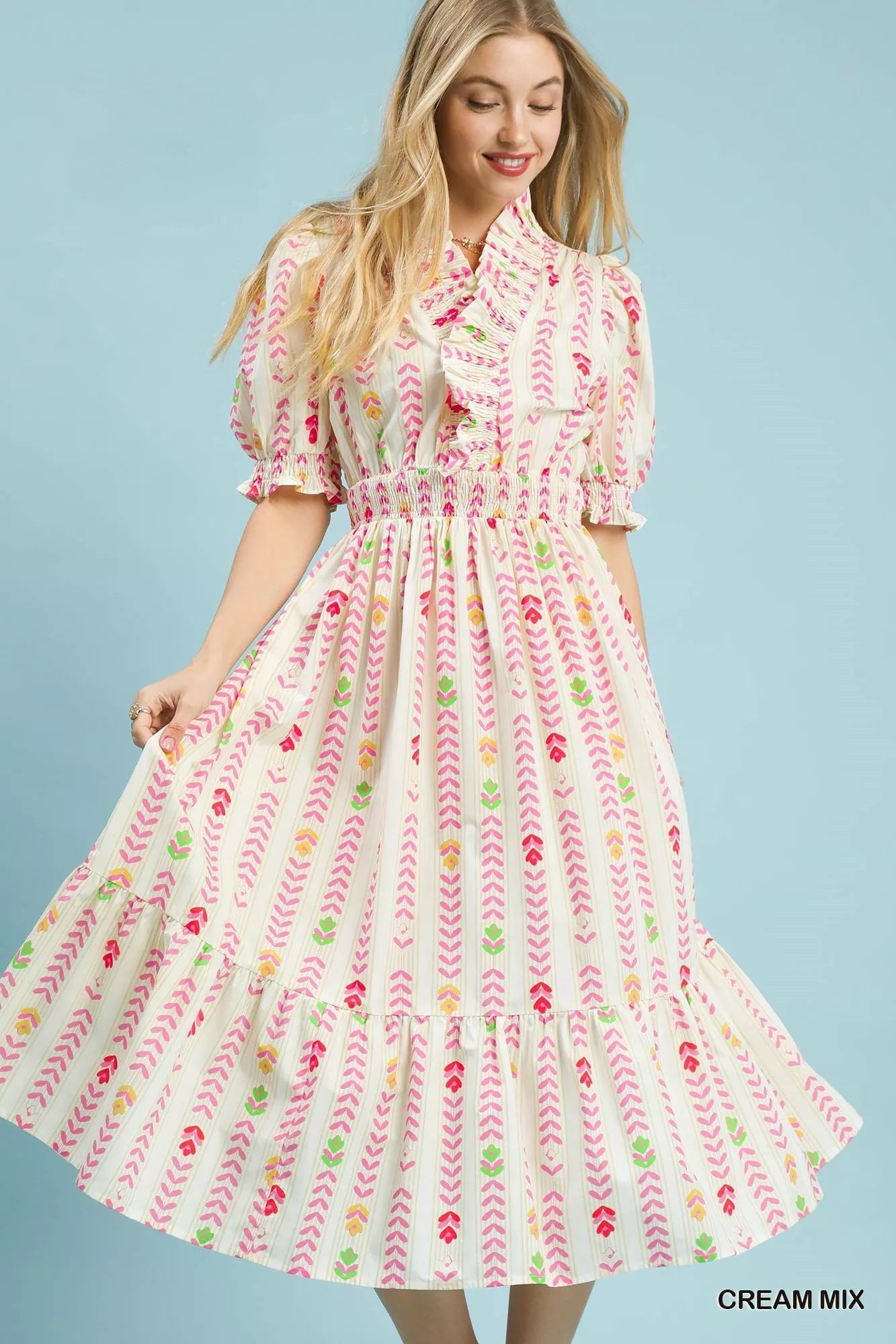 Umgee Vibrant Ruffle Smocked Midi Dress - Desert Sunday