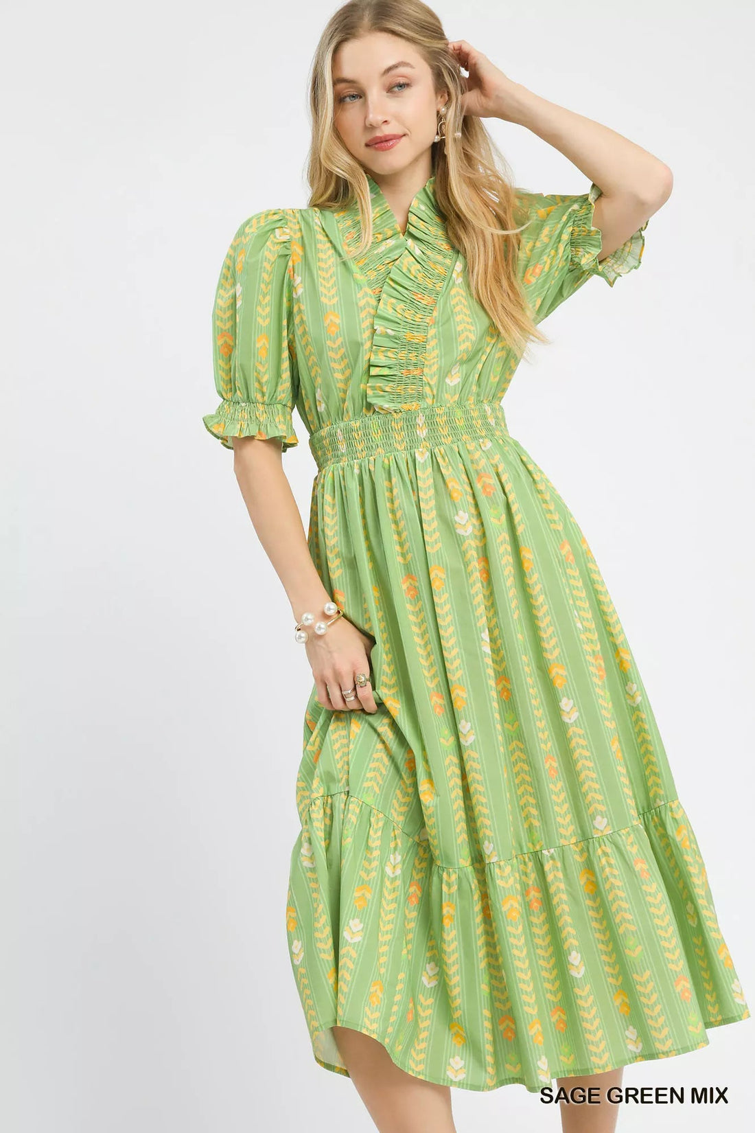 Umgee Vibrant Ruffle Smocked Midi Dress - Desert Sunday