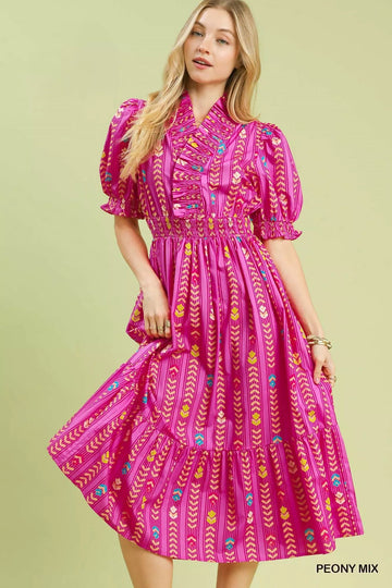 Umgee Vibrant Ruffle Smocked Midi Dress - Desert Sunday