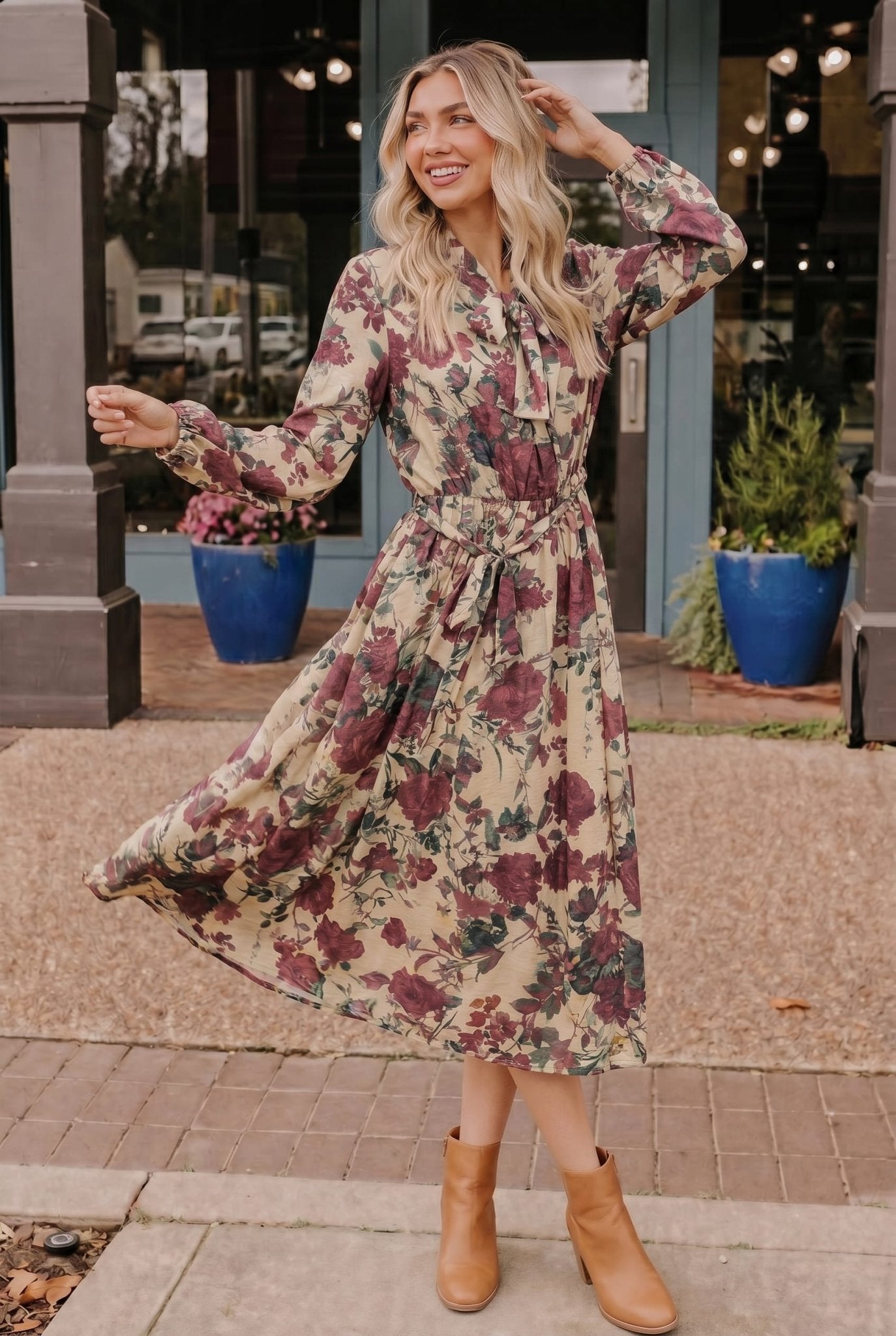 Vintage Rose Garden Floral Midi Dress - Desert Sunday