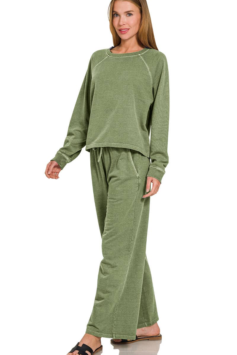 Washed French Terry Pullover & Pants 2PC Set In Olive - Desert Sunday