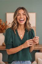When We Met Ruffle V-Neck Puff Sleeve Top - Desert Sunday