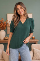 When We Met Ruffle V-Neck Puff Sleeve Top - Desert Sunday