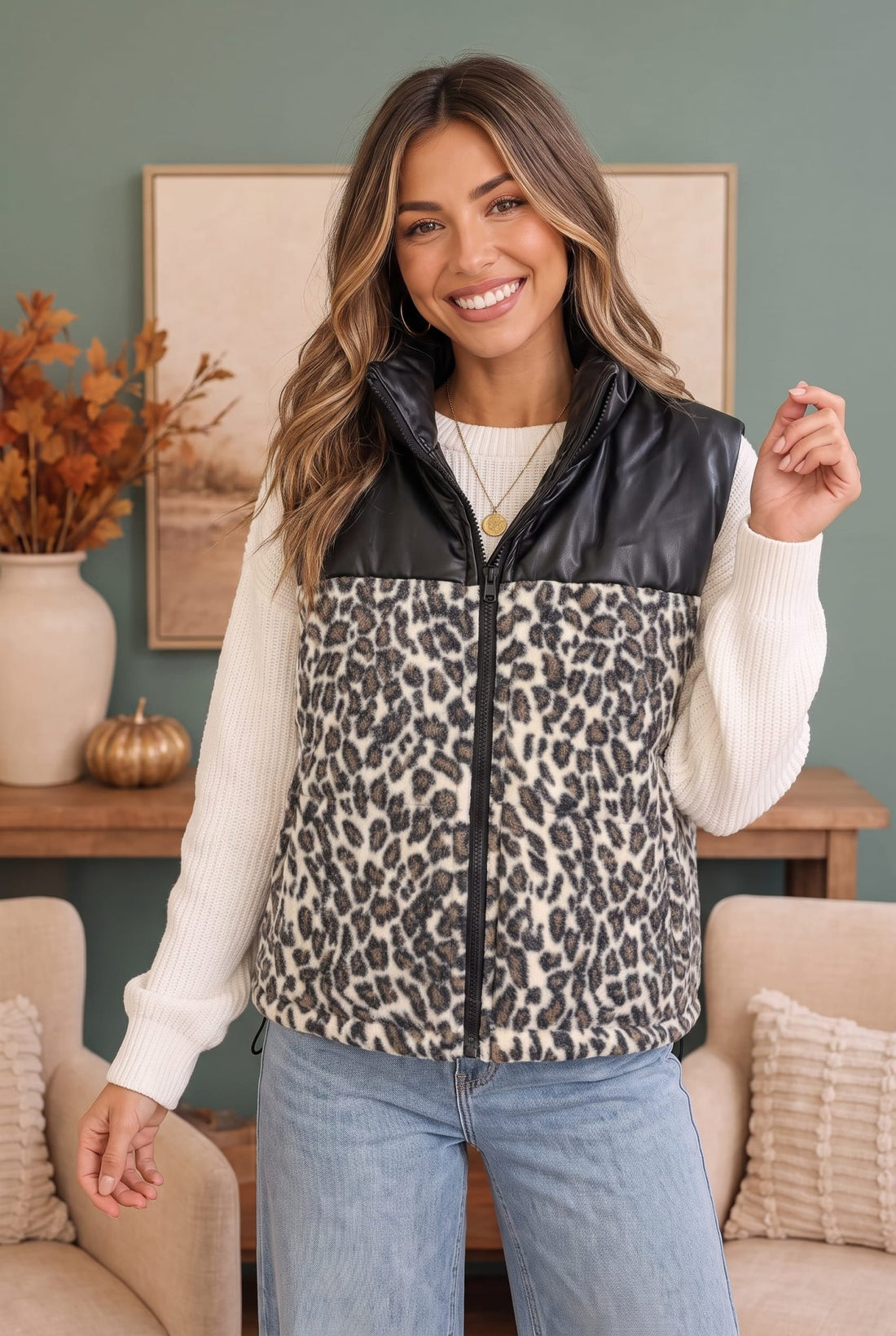 Wild Side Leopard Print Puffer Vest - Desert Sunday