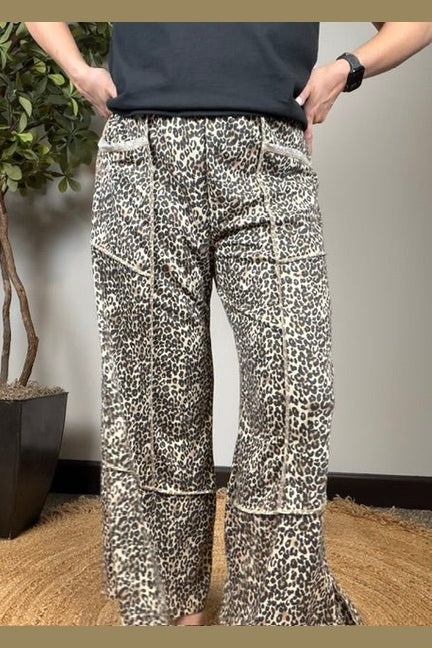 Wild Side Wide Leg Leopard Cargo Pants - Desert Sunday