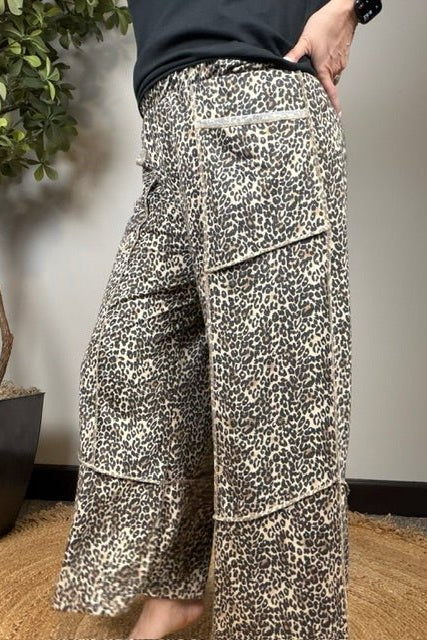 Wild Side Wide Leg Leopard Cargo Pants - Desert Sunday