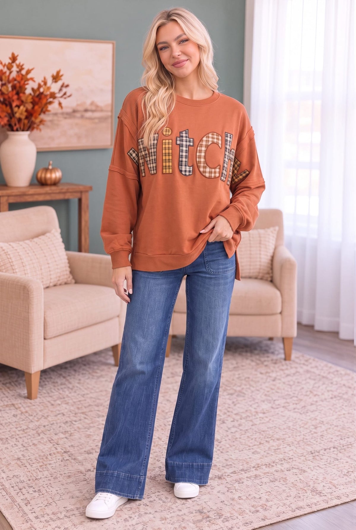 Witchy Plaid Patch Sweatshirt - Desert Sunday