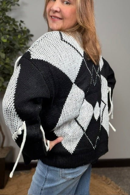 Yin and Yang Argyle Knit Cardigan in Black and Cream - Desert Sunday