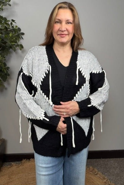 Yin and Yang Argyle Knit Cardigan in Black and Cream - Desert Sunday