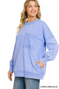 Zenana Acid Wash Raw Edge French Terry Sweatshirt with Front Pocket - Desert Sunday