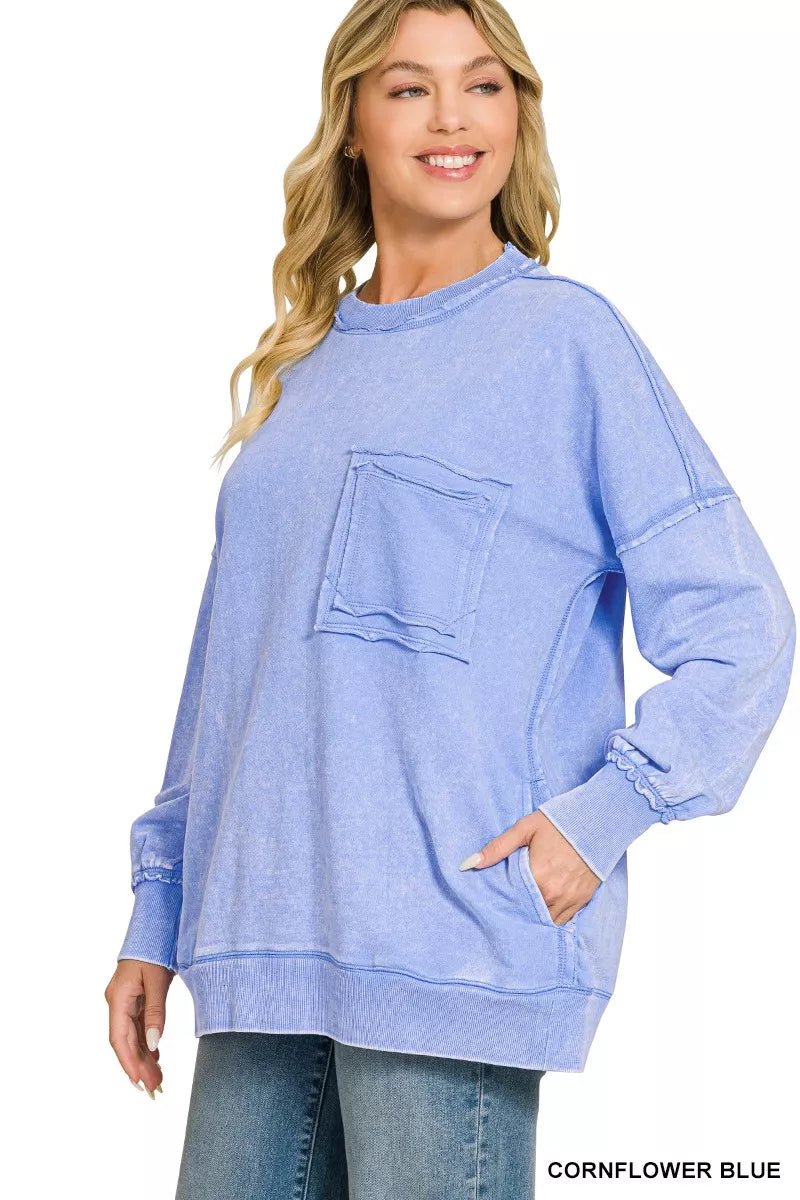 Zenana Acid Wash Raw Edge French Terry Sweatshirt with Front Pocket - Desert Sunday