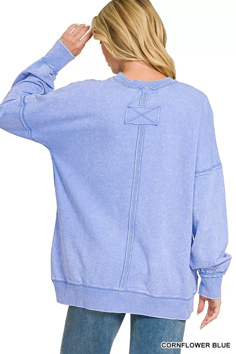 Zenana Acid Wash Raw Edge French Terry Sweatshirt with Front Pocket - Desert Sunday