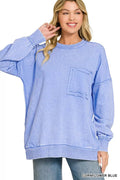Zenana Acid Wash Raw Edge French Terry Sweatshirt with Front Pocket - Desert Sunday