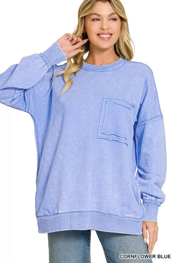 Zenana Acid Wash Raw Edge French Terry Sweatshirt with Front Pocket - Desert Sunday