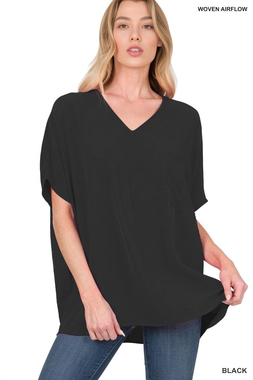 Zenana Airflow Everyday V-Neck Top In Black - Desert Sunday
