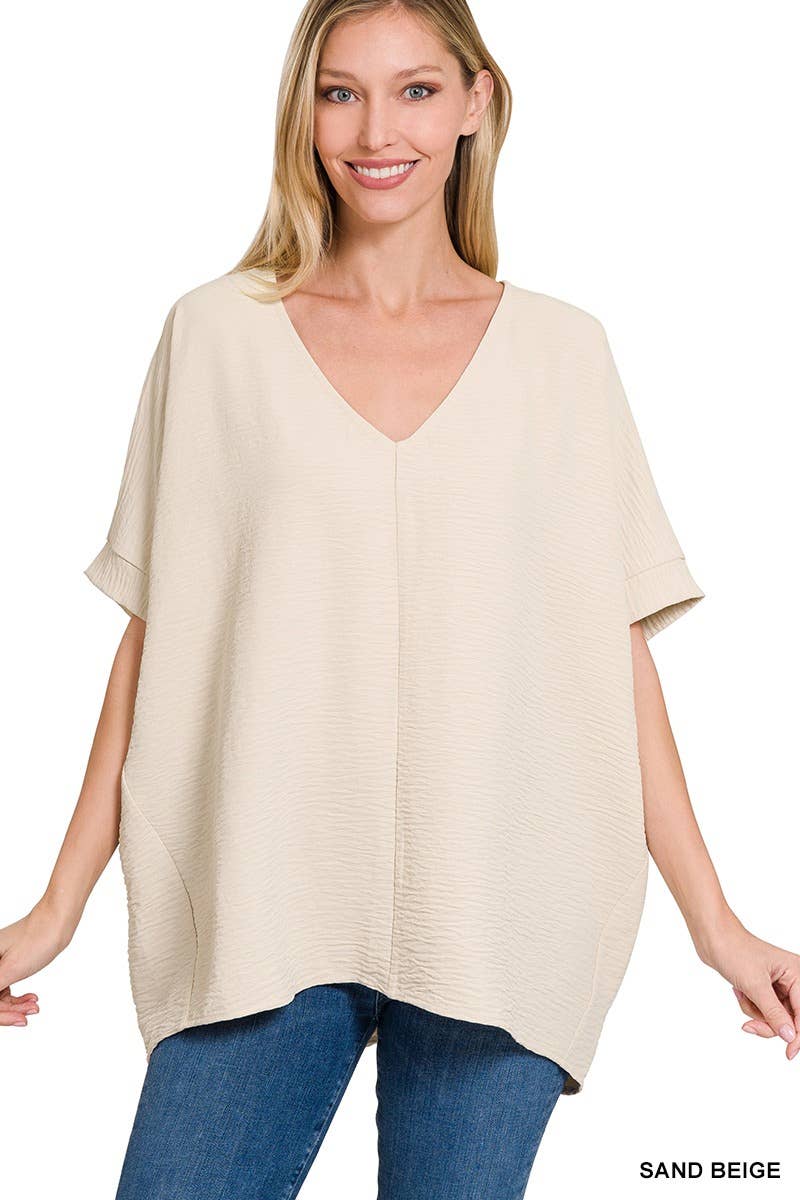 Zenana Airflow Everyday V-Neck Top In Sand Beige - Desert Sunday