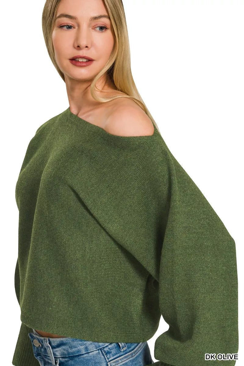 Zenana Boat Neck Balloon Sleeve Sweater - Desert Sunday