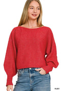 Zenana Boat Neck Balloon Sleeve Sweater - Desert Sunday