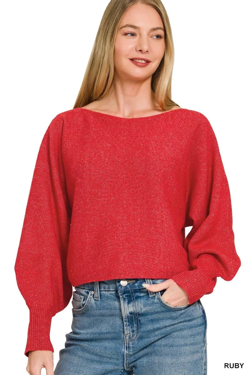 Zenana Boat Neck Balloon Sleeve Sweater - Desert Sunday