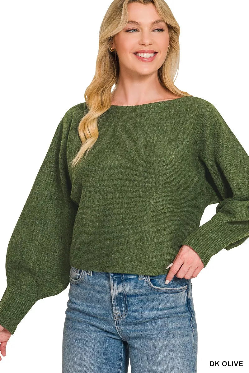 Zenana Boat Neck Balloon Sleeve Sweater - Desert Sunday