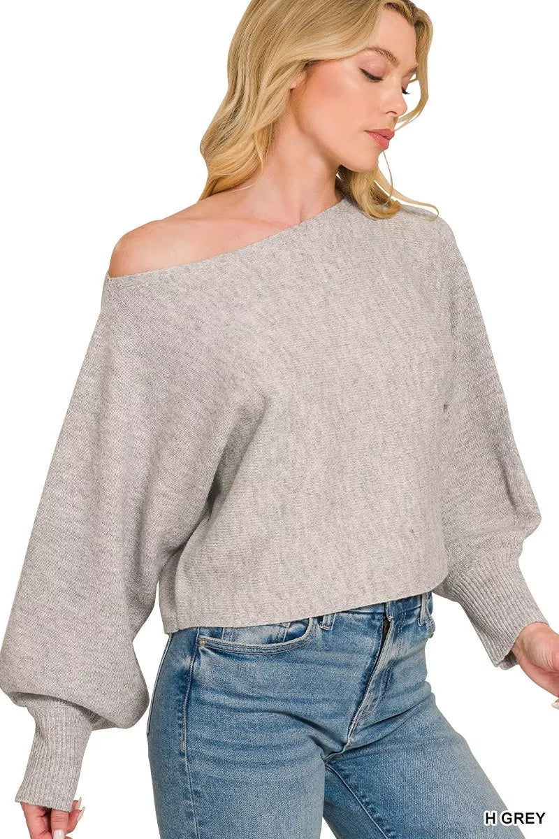 Zenana Boat Neck Balloon Sleeve Sweater - Desert Sunday