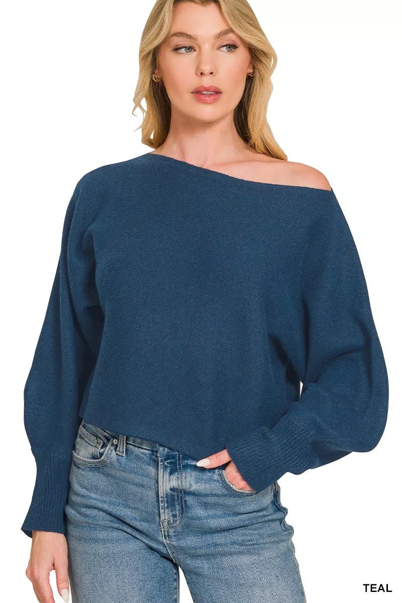 Zenana Boat Neck Balloon Sleeve Sweater - Desert Sunday