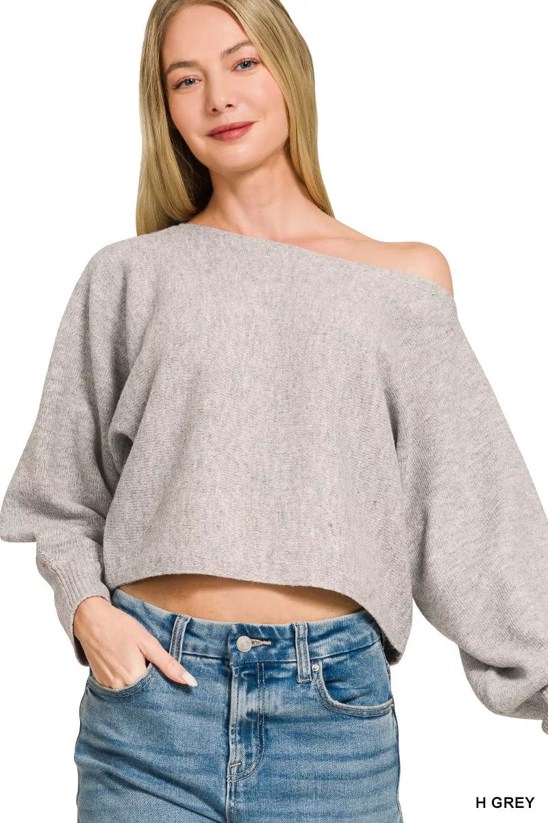 Zenana Boat Neck Balloon Sleeve Sweater - Desert Sunday
