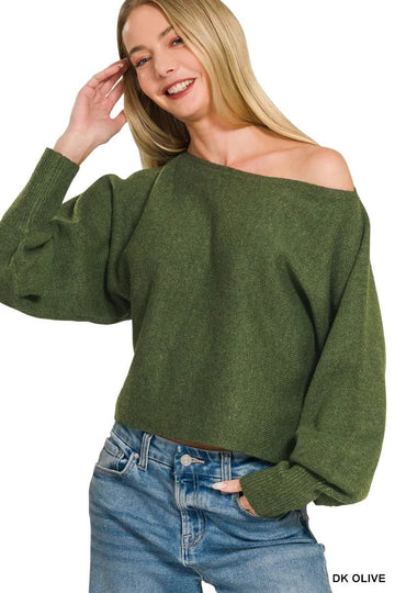 Zenana Boat Neck Balloon Sleeve Sweater - Desert Sunday