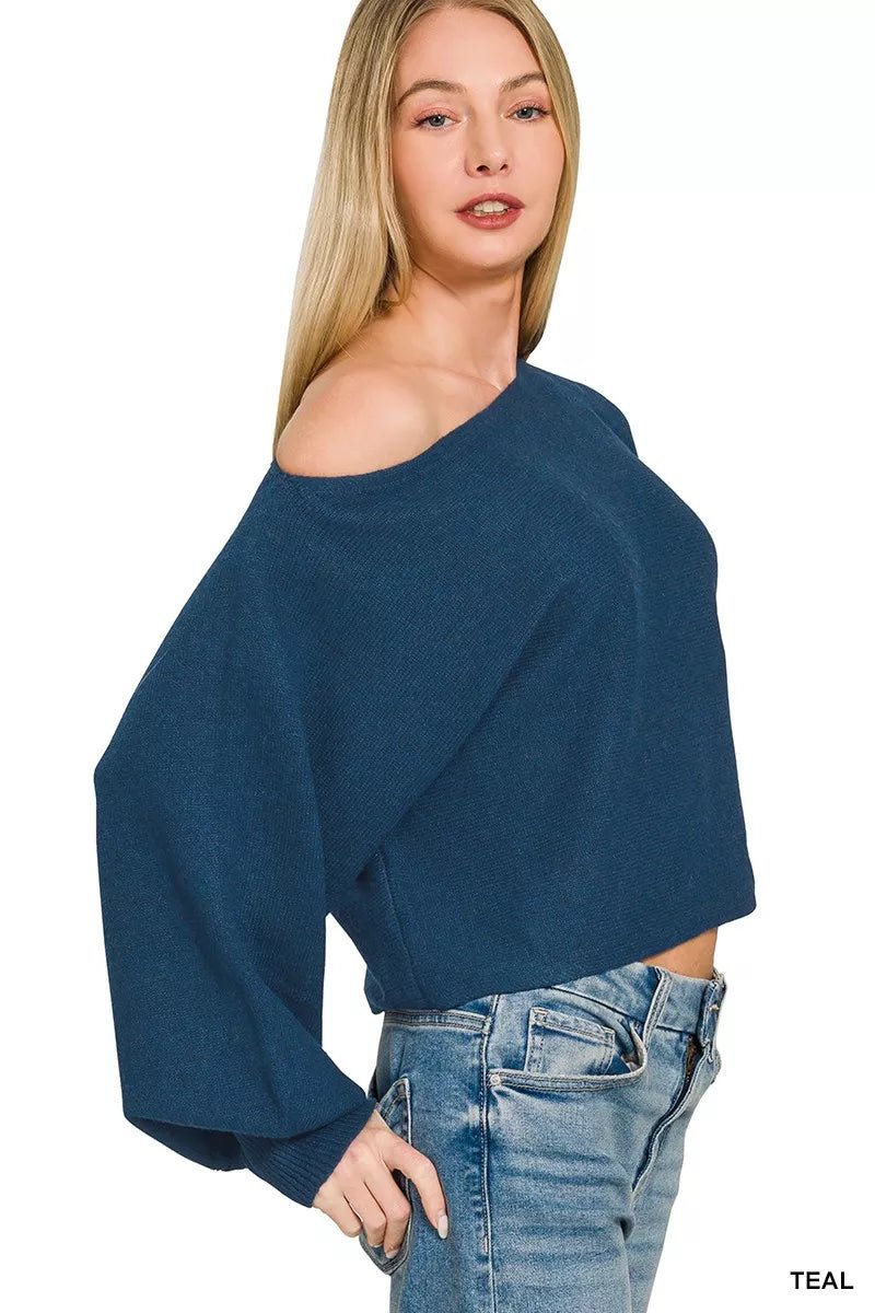 Zenana Boat Neck Balloon Sleeve Sweater - Desert Sunday